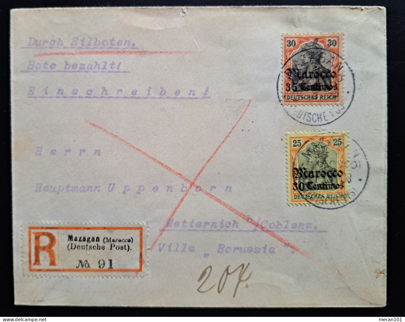 Marokko 1908, Eilboten Einschreibe-Brief Mazagan Nach Metternich(Mosel) MiF - Deutsche Post In Marokko