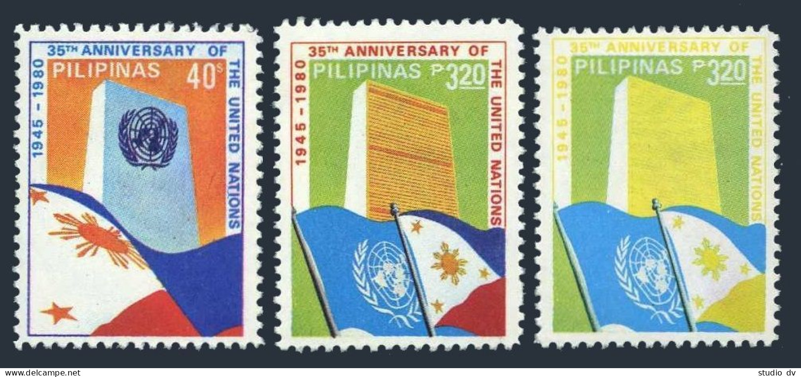 Philippines 1490 Error,1489-1490,MNH.Mi 1378-1379. UN Headquarters,Flags,1980. - Filippijnen