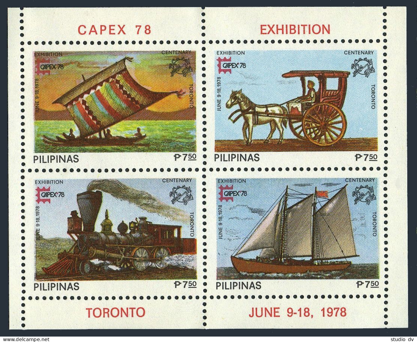 Philippines 1350 Ad Sheet,MNH.Mi Bl.12A. CAPEX-1978,Ship,Mail Cart,Locomotive, - Philippines