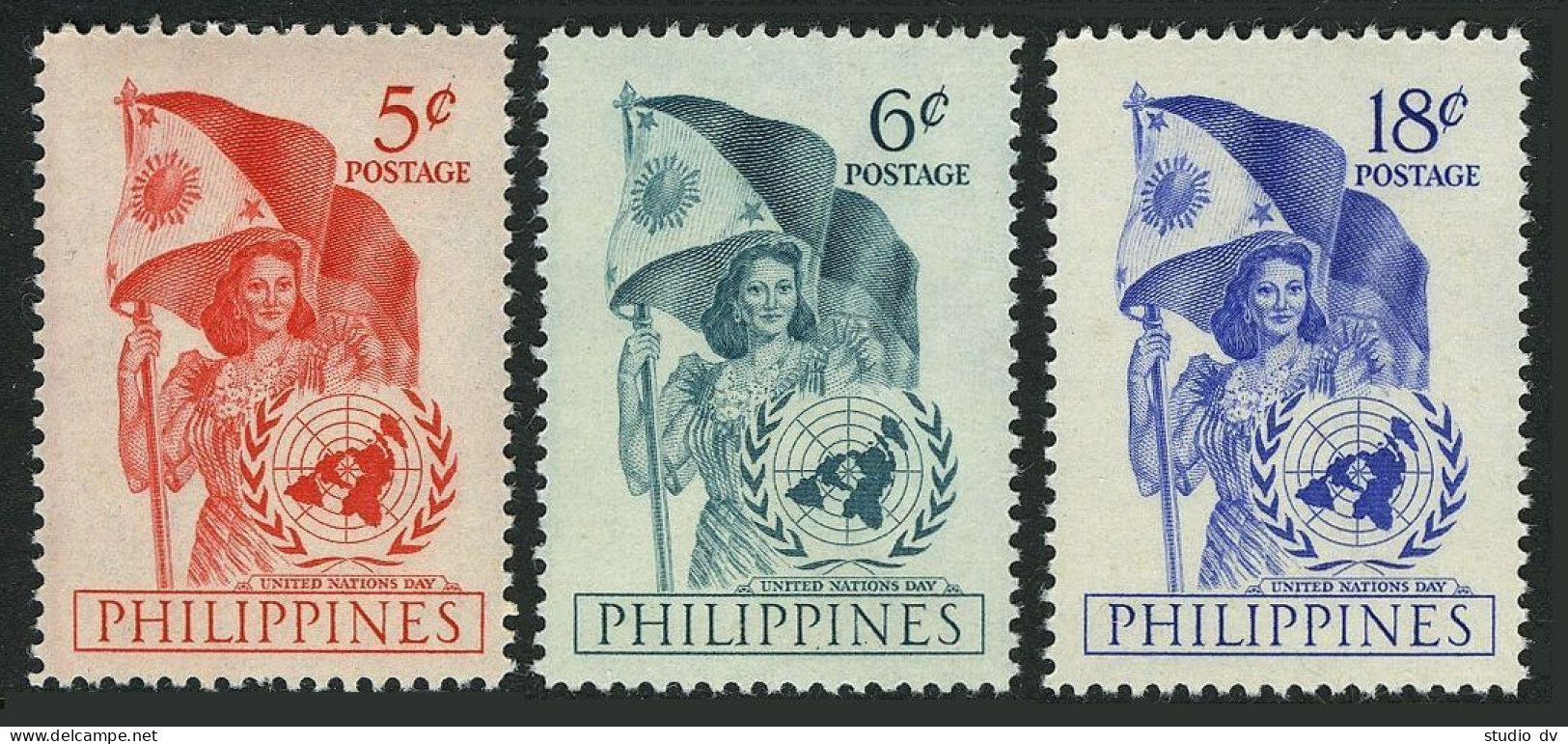 Philippines 569-571,hinged.Michel 540-542. United Nations Day 1951,Emblem,Flag. - Filippijnen