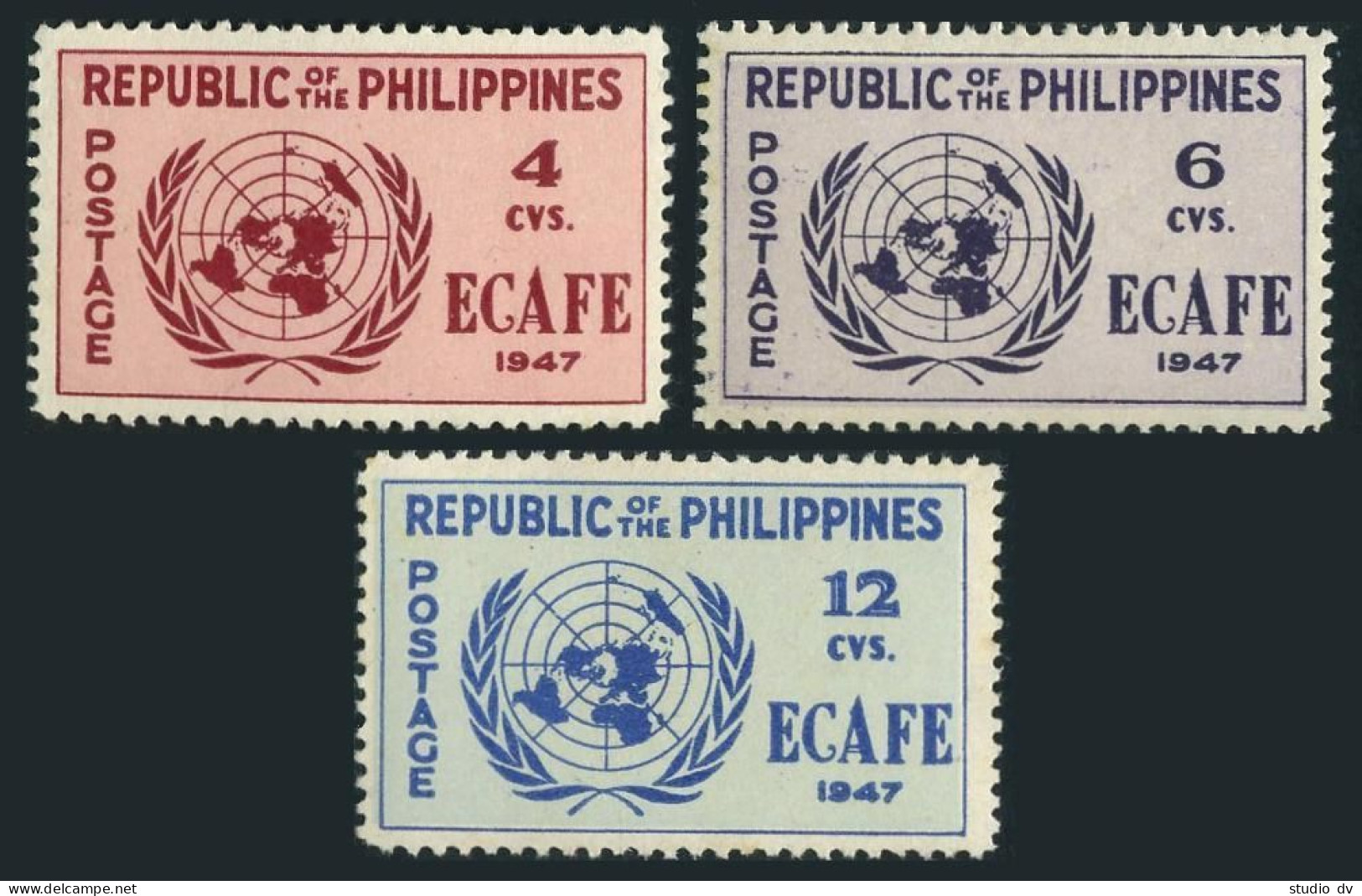 Philippines 516-518, MNH. Mi 476A-478A, UN ECAFE Commission, 1947. UN Emblem. - Philippines
