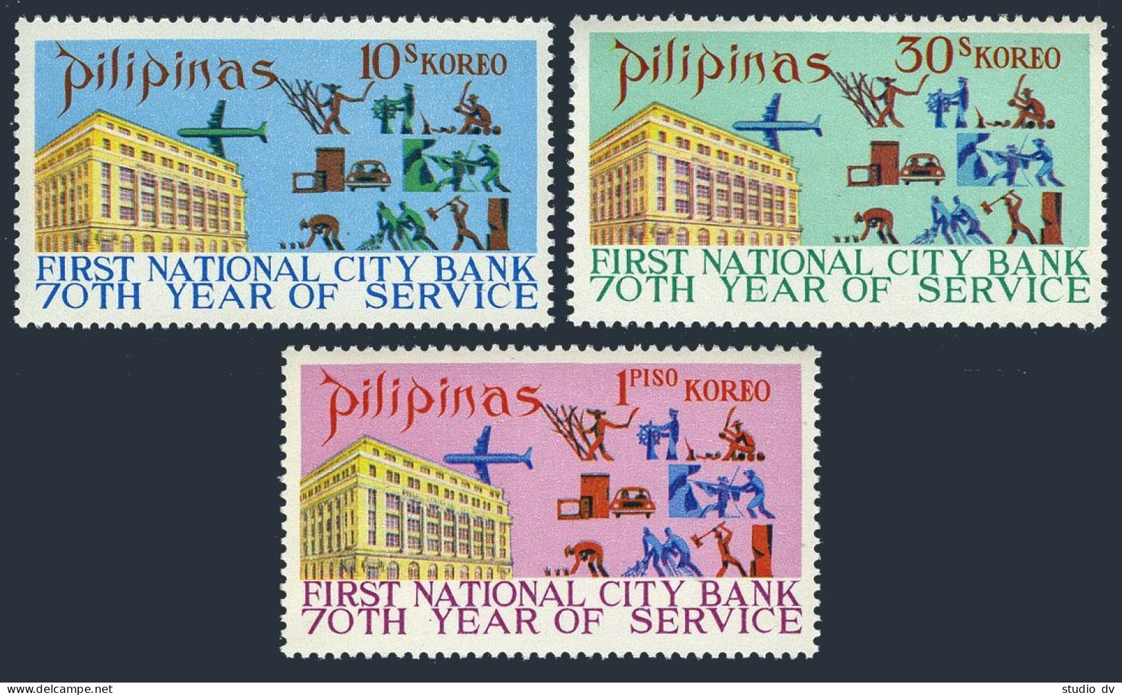 Philippines 1107-1109,MNH. National City Bank,70th Ann.1971.Plane,Car,Workers. - Philippinen