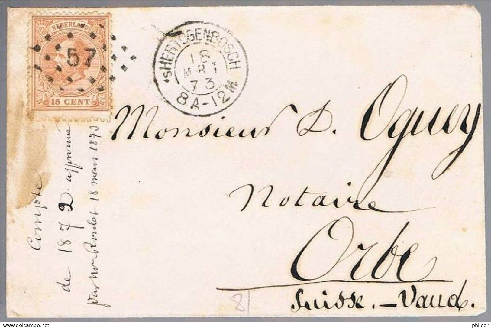 Nederland, 1873, For Orbe - Brieven En Documenten