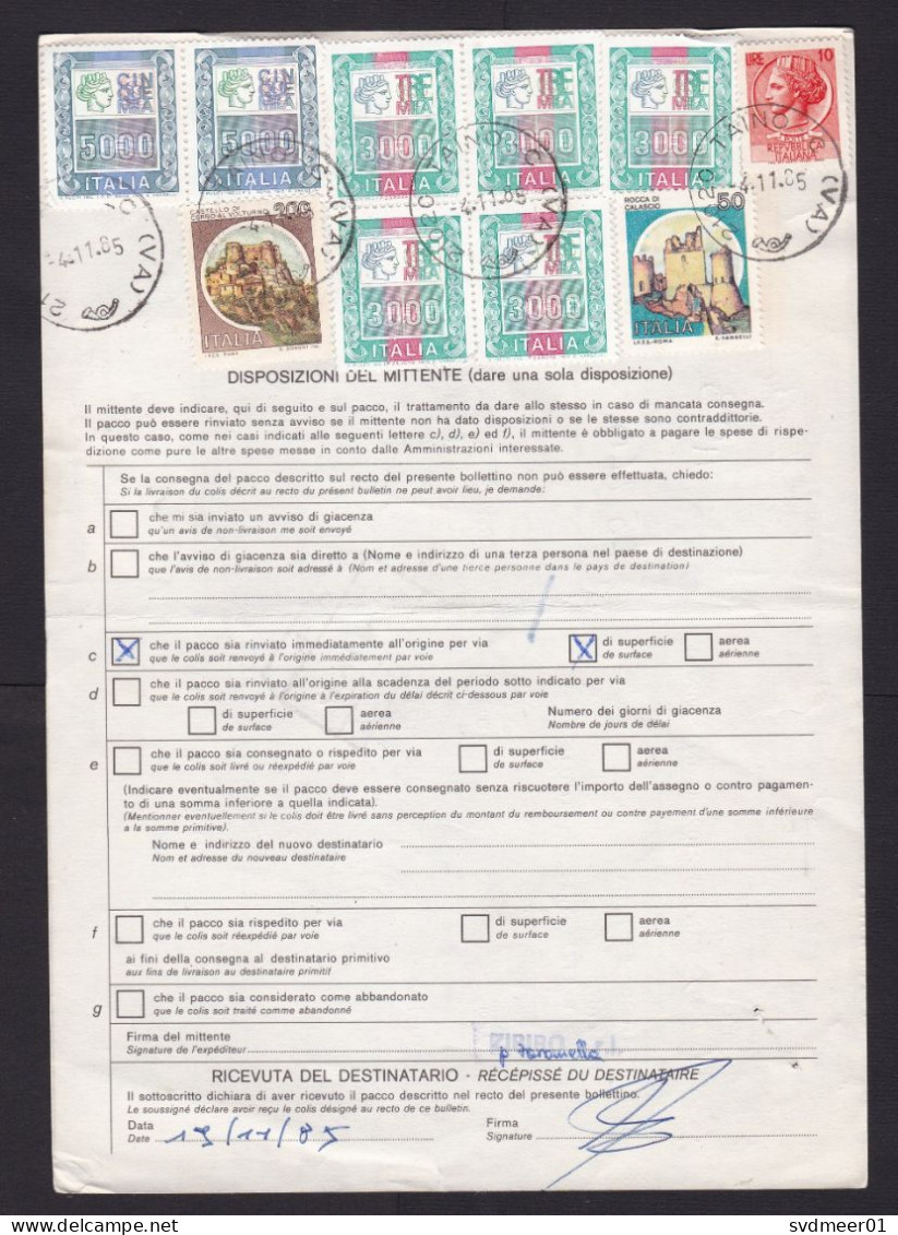 Italy: Airmail Parcel Form To Belgium, 1985, 10 Stamps, Castle, Label Taino, Customs Cancel, Bulletin (minor Damage) - Sonstige & Ohne Zuordnung