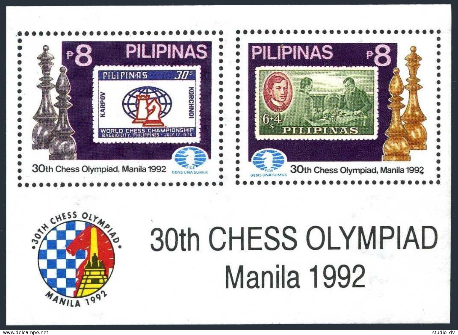 Philippines 2152-2153,2154 Sheet, MNH. Mi 2154-2155, Bl.45. Chess Olympiad,1992. - Philippines