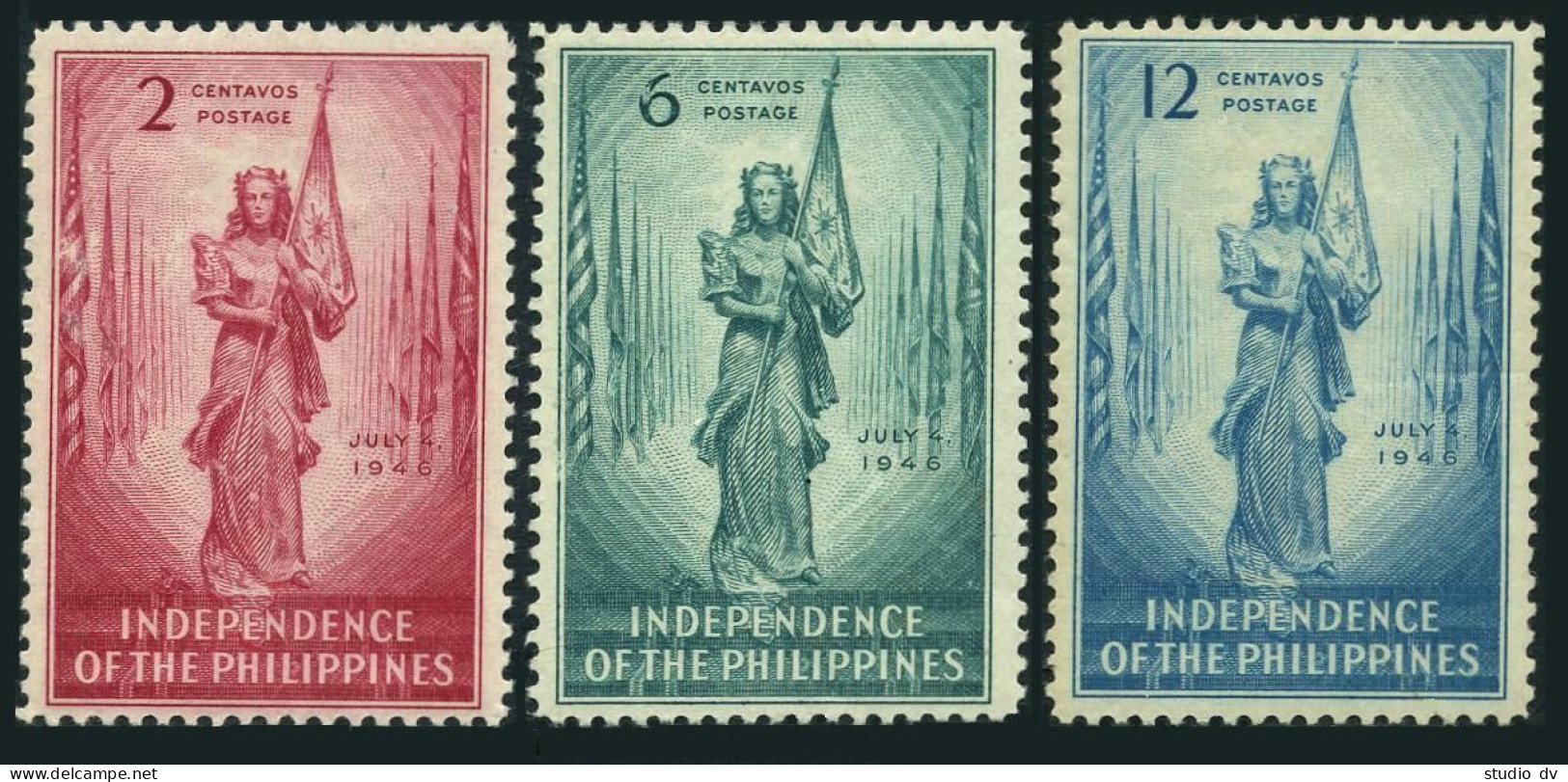 Philippines 500-502,MNH.Michel 458-460.Independence,07.04.1946.Girl Holding Flag - Philippines