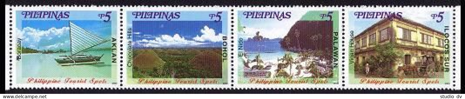 Philippines 2724ad Strip,2725,MNH. Tourist Spots 2000.El Nido,Vigar House,Hills, - Filippine