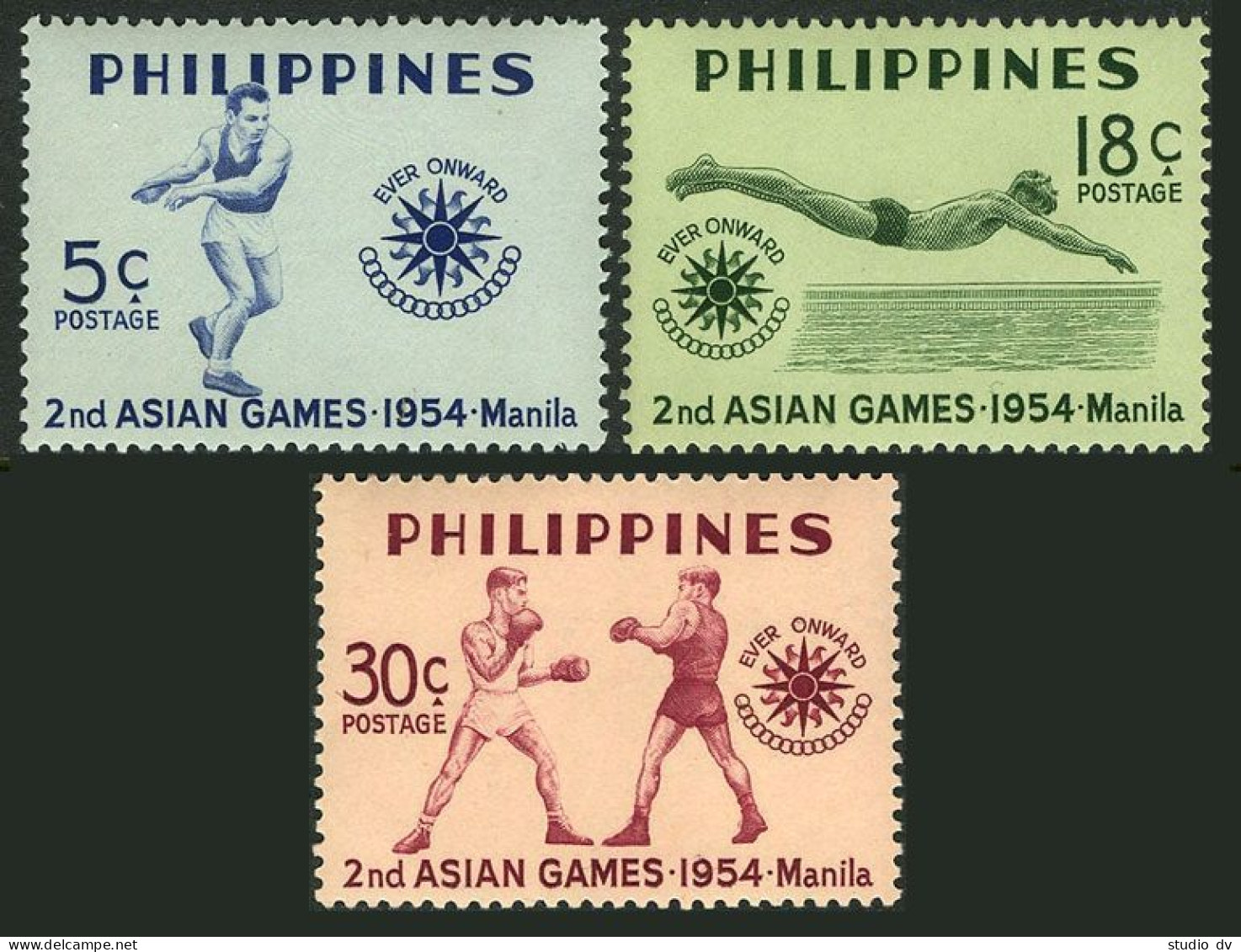 Philippines 610-612, MNH. Mi 581-583. Asian Games 1954. Boxing, Discus,Swimming. - Philippines