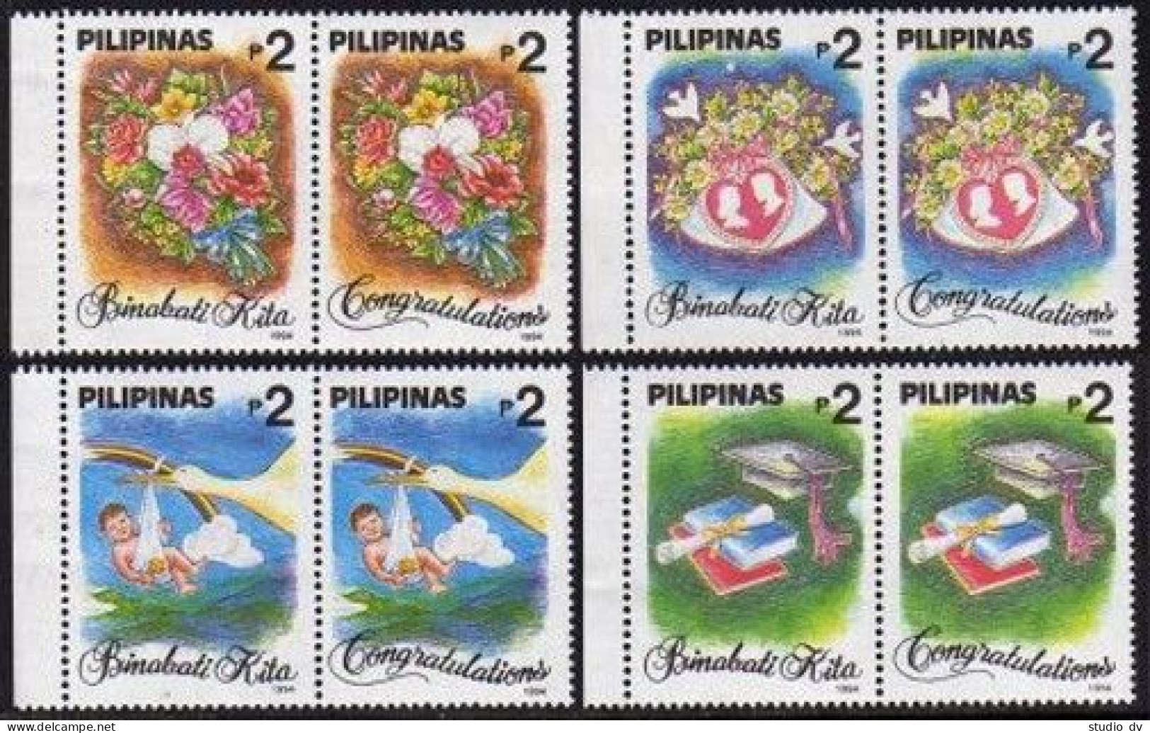 Philippines 2298-2301, MNH. Michel 2401-2408. Greetings 1994. Birds, Flowers.  - Philippines