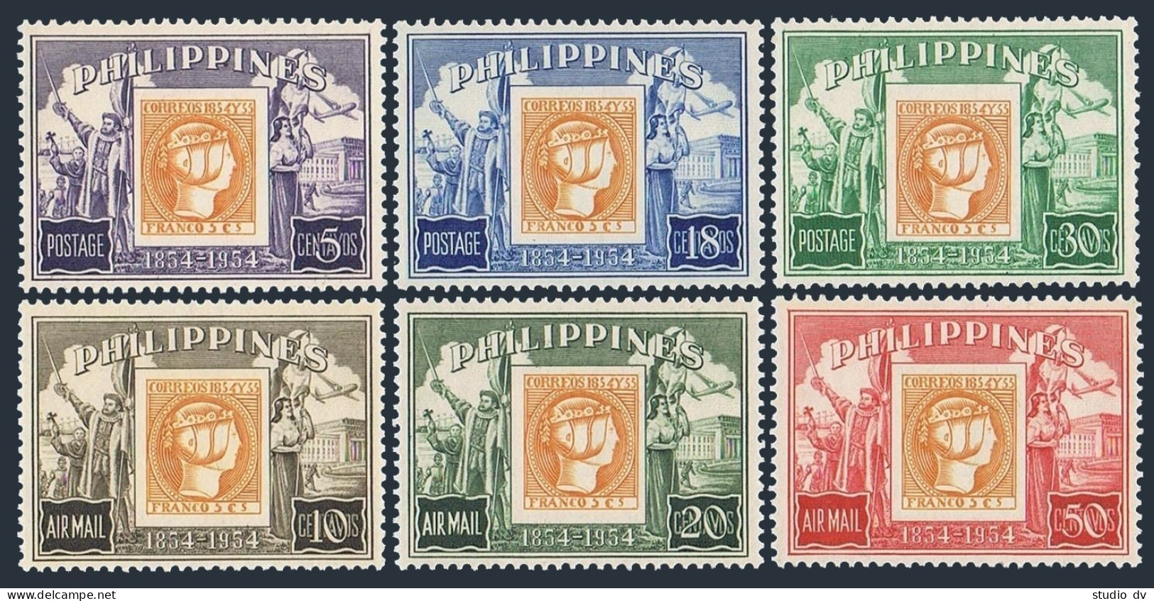 Philippines 605-607, C74-C76, MNH. Mi 575-580. Philippine Stamp,centenary, 1954. - Philippinen