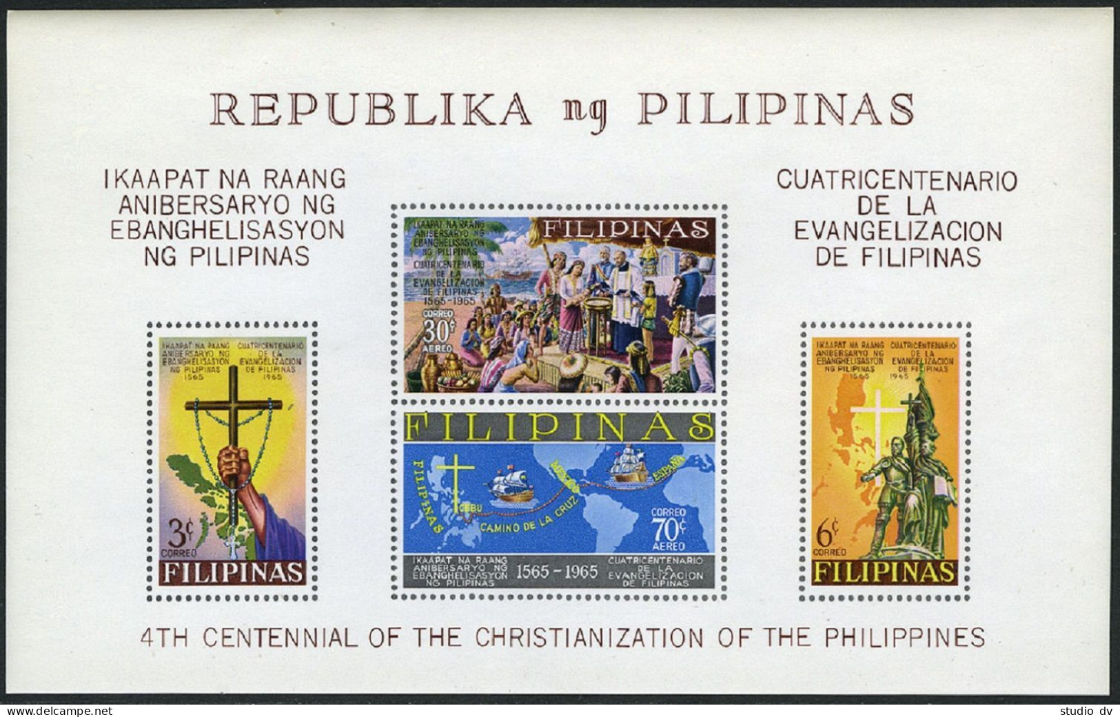 Philippines C92a, MNH. Mi Bl.7. Christianization, 400th Ann. 1965. Map, Ships. - Filippine