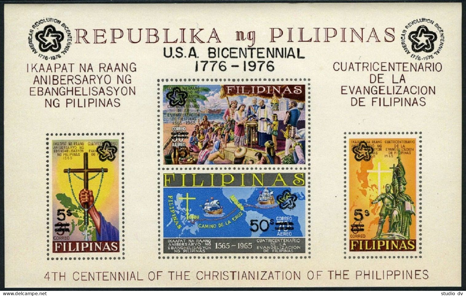 Philippines C108 Black,MNH.Mi Bl.9a. USA-200,1976. Sailing Ships, Maps, Monument - Philippines