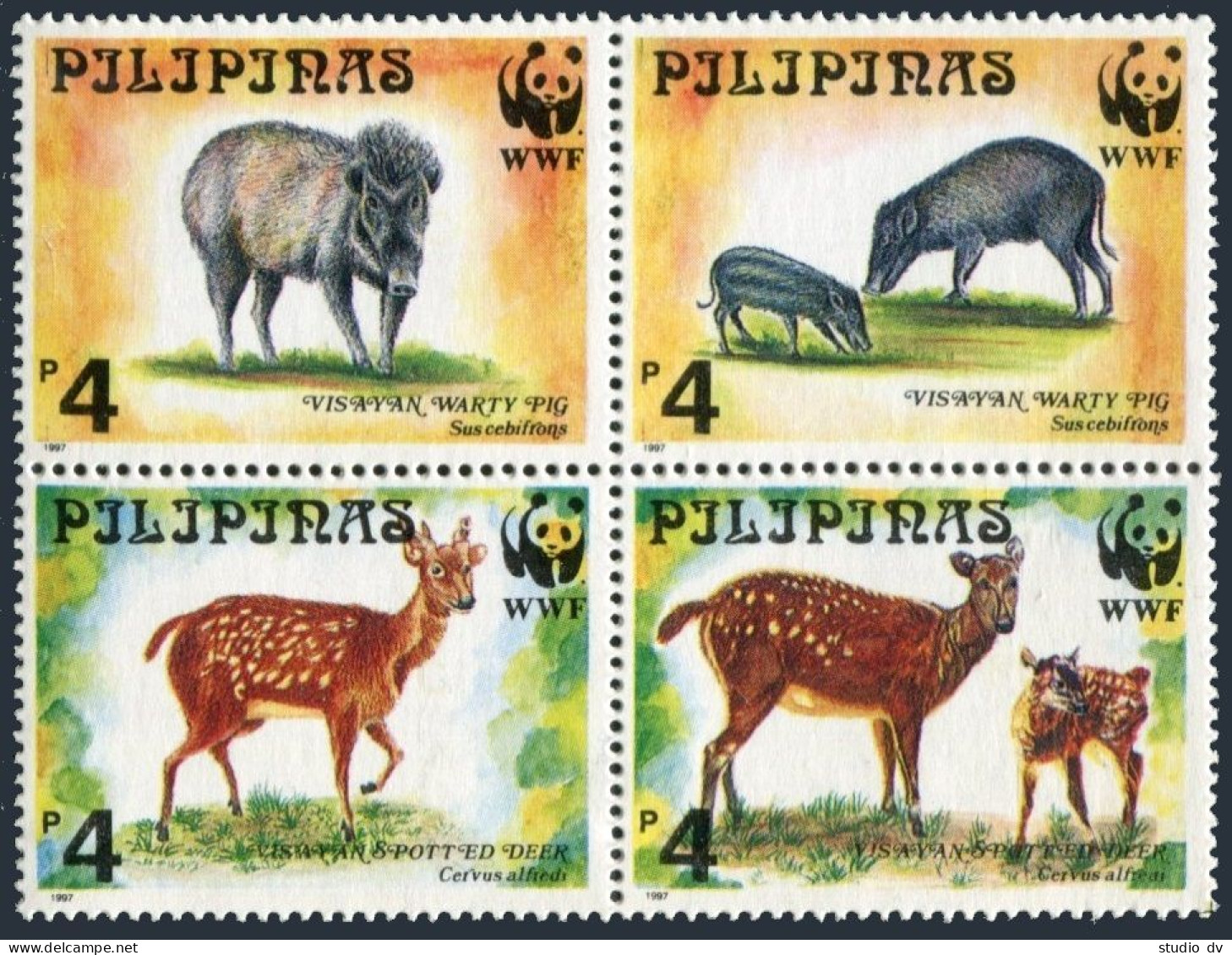 Philippines 2476-2479b Block,MNH. WWF 1997.Visayan Spotted Deer,Warty Pig. - Filippine