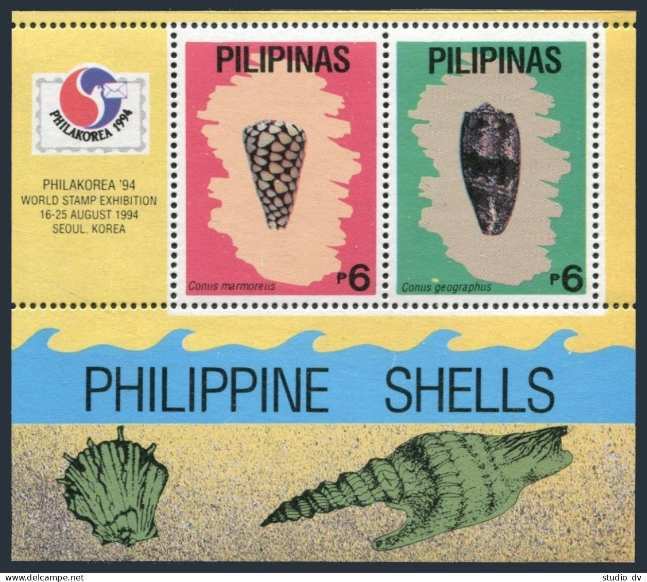 Philippines 2313-2315, MNH. Michel 2437-2440, Bl.37-38. PHILAKOREA-1994. Shells. - Philippines