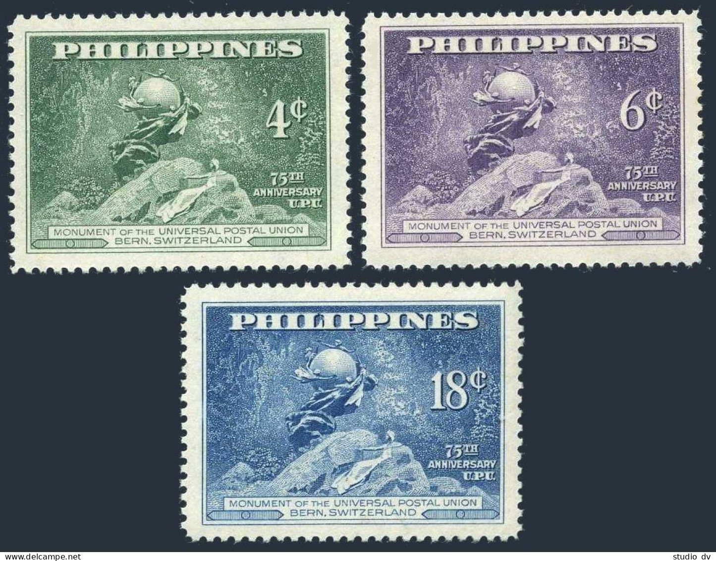 Philippines 531-533, 534, MNH. Mi 496-498,Bl.2. UPU-75, 1949. UPU Monument,Bern. - Philippinen