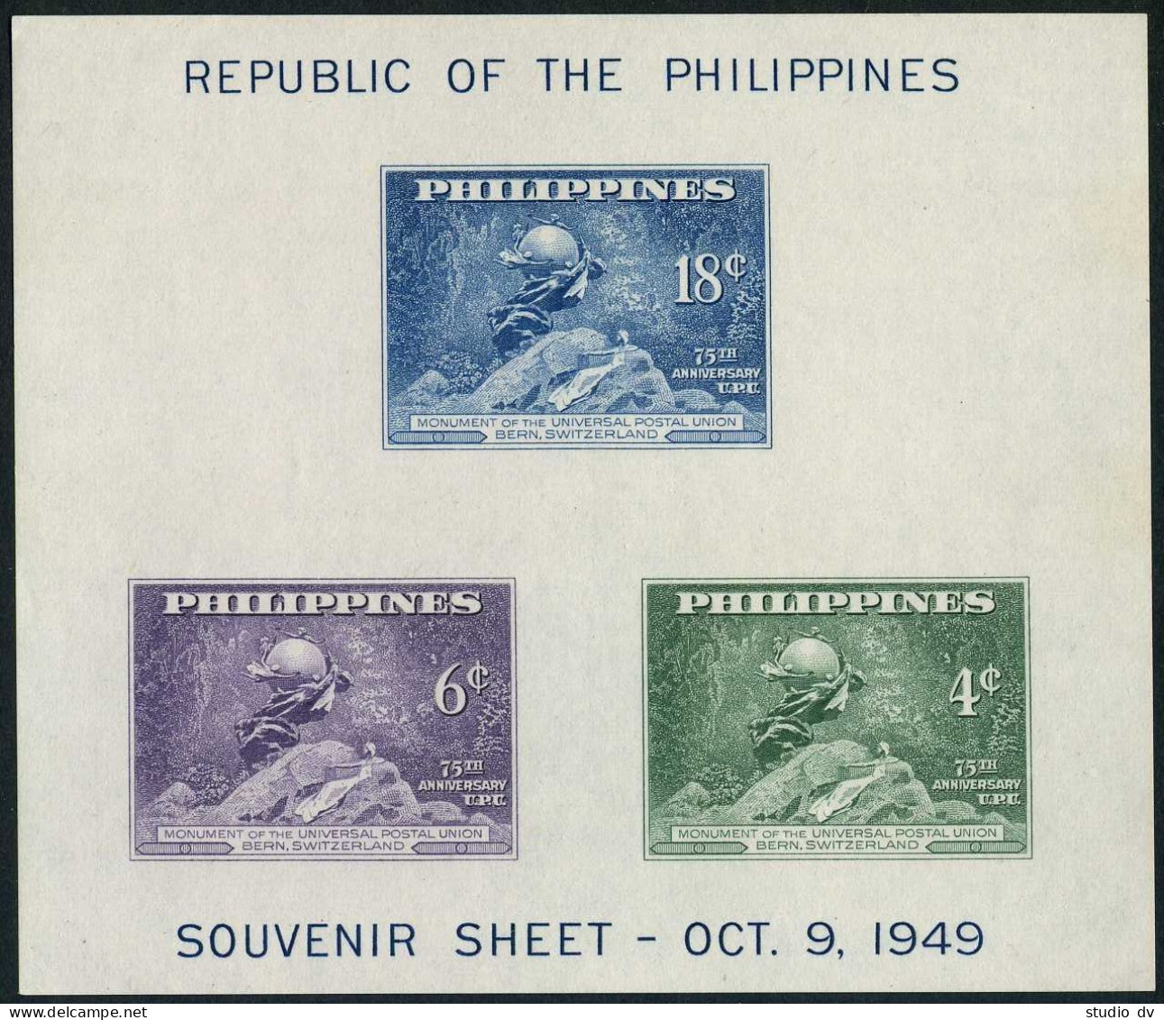 Philippines 531-533, 534, MNH. Mi 496-498,Bl.2. UPU-75, 1949. UPU Monument,Bern. - Philippinen