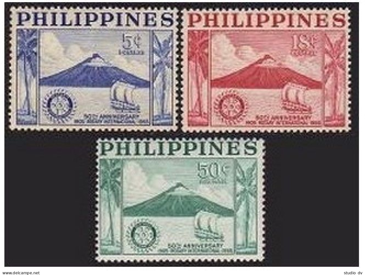 Philippines 618-619,C77, Hinged. Mi 589-591. Rotary-50,1955. Mayon Volcano,canoe - Philippinen
