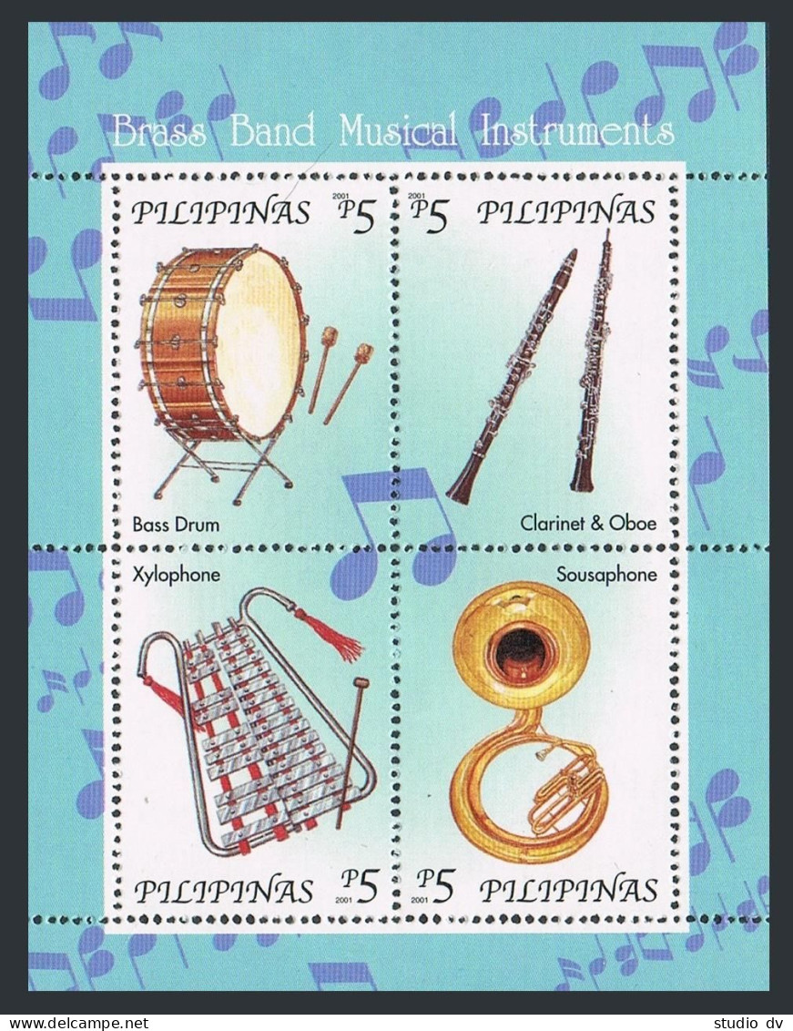 Philippines 2750 Ad Sheet, MNH. Musical Instruments, 2001. Bass Drum, Clarinet, - Filippijnen