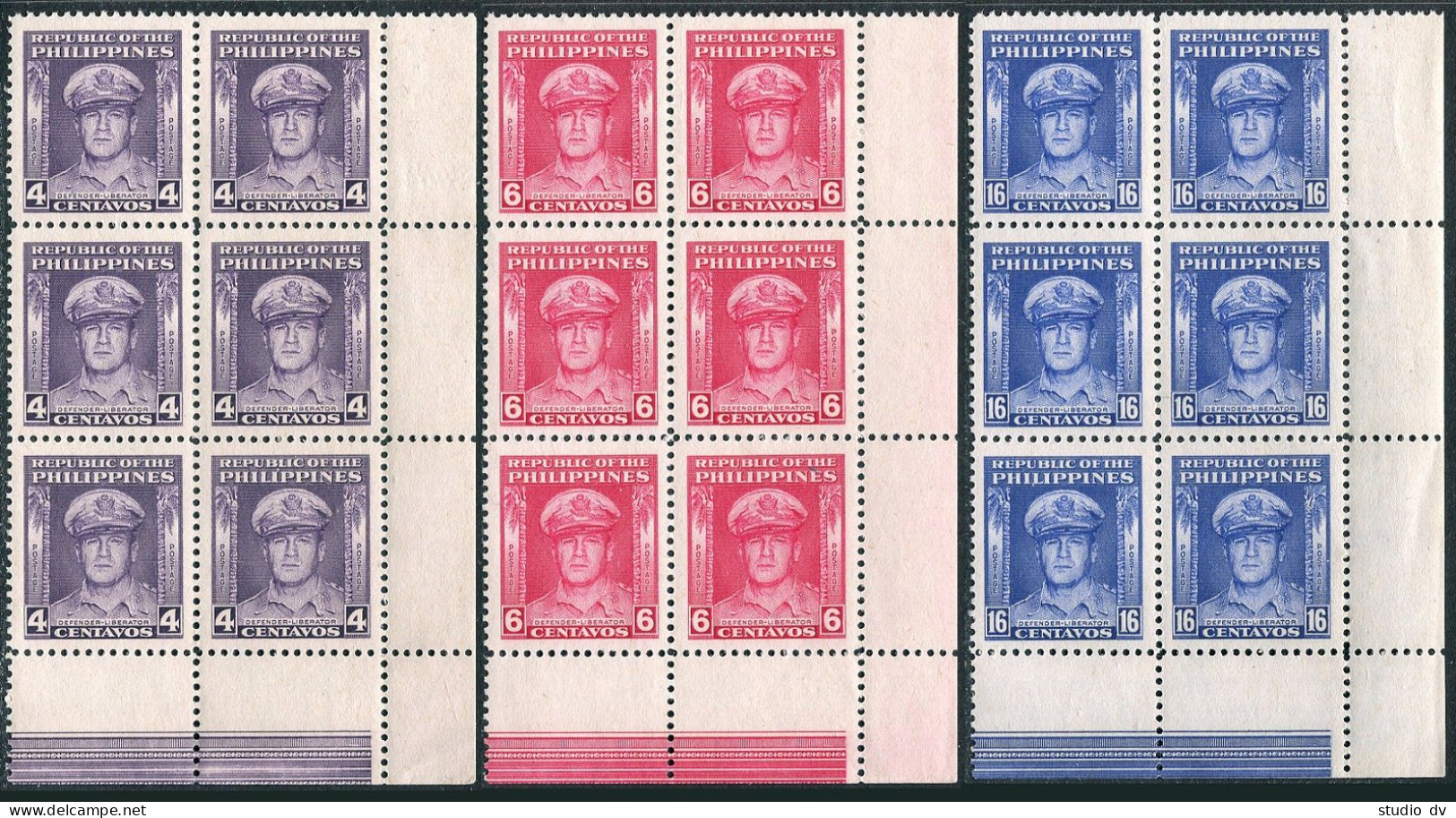 Philippines 519-521 Blocks/4, MNH. Mi 480-482. General Douglas MacArthur, 1948. - Filipinas