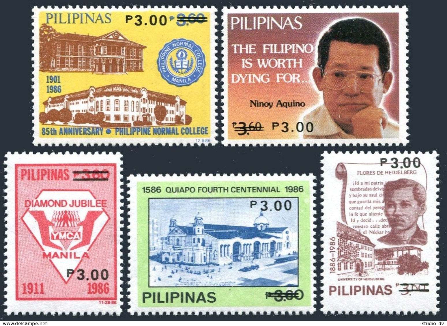 Philippines 1913-1917, MNH. Rizal, Aquino, Church, YMCA, College, New Value 1988 - Filipinas