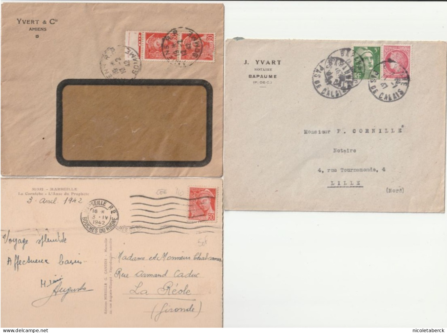 Type Mercure N°415 Paire Sur Enveloppe De La Maison Yvert 12/2/42 + Lettre à En-tête Yvart + Cadeau N°415 Seul Sur Carte - 1938-42 Mercurio