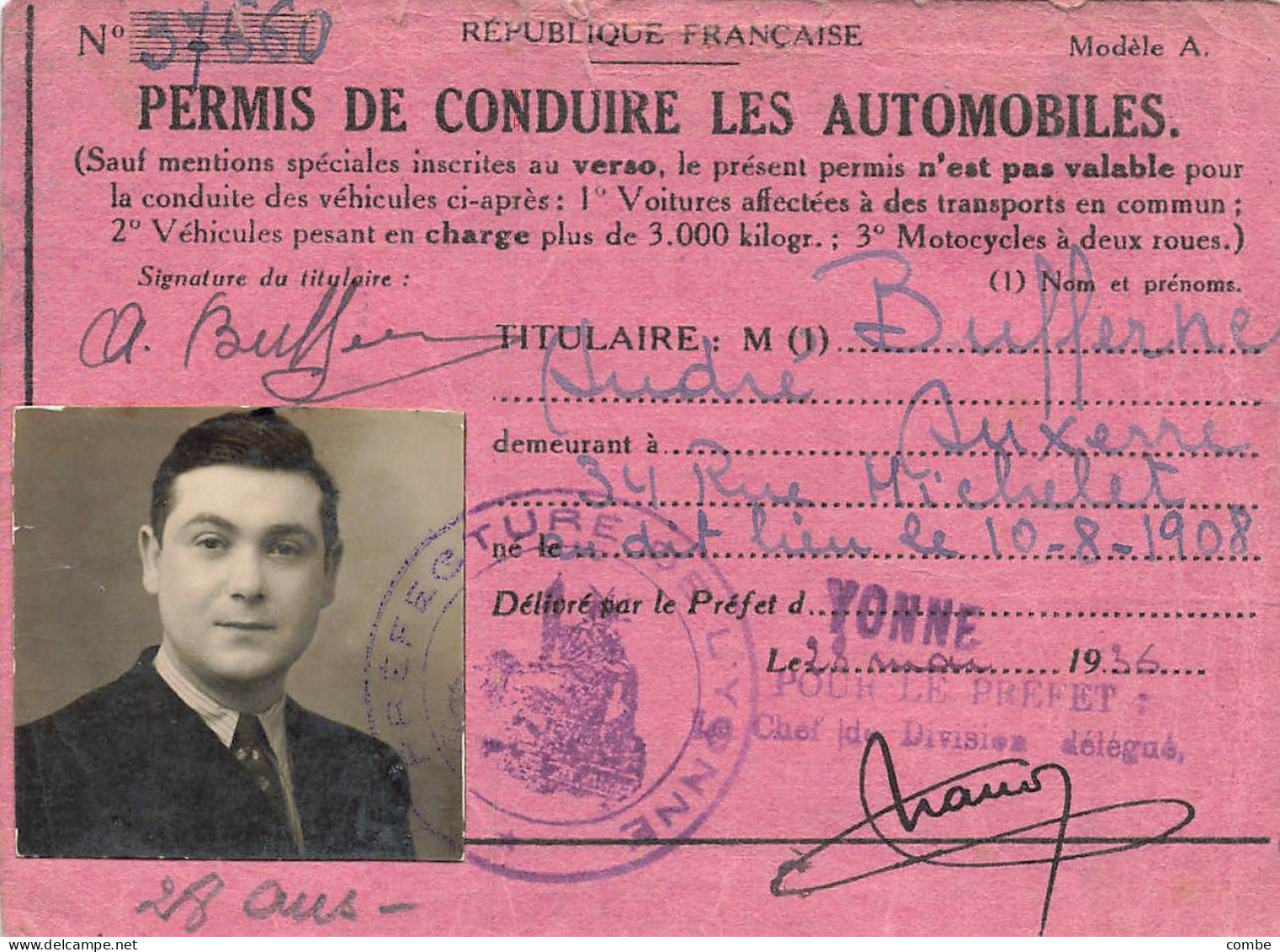 PERMIS DE CODUIRE LES AUTOMOBILES. YONNE 1936 - Documentos Históricos