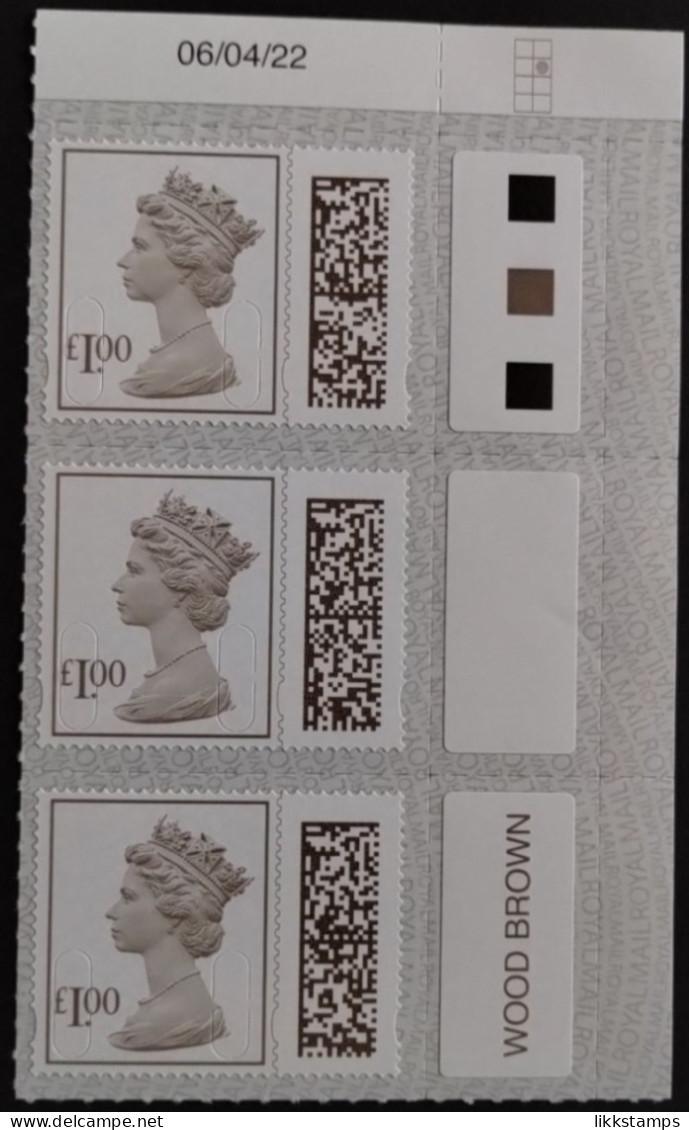 S.G.V4780 ~  CORNER STRIP OF 3 NEW BARCODED £1.00p MACHINS UNFOLDED & NHM #02150 - Série 'Machin'