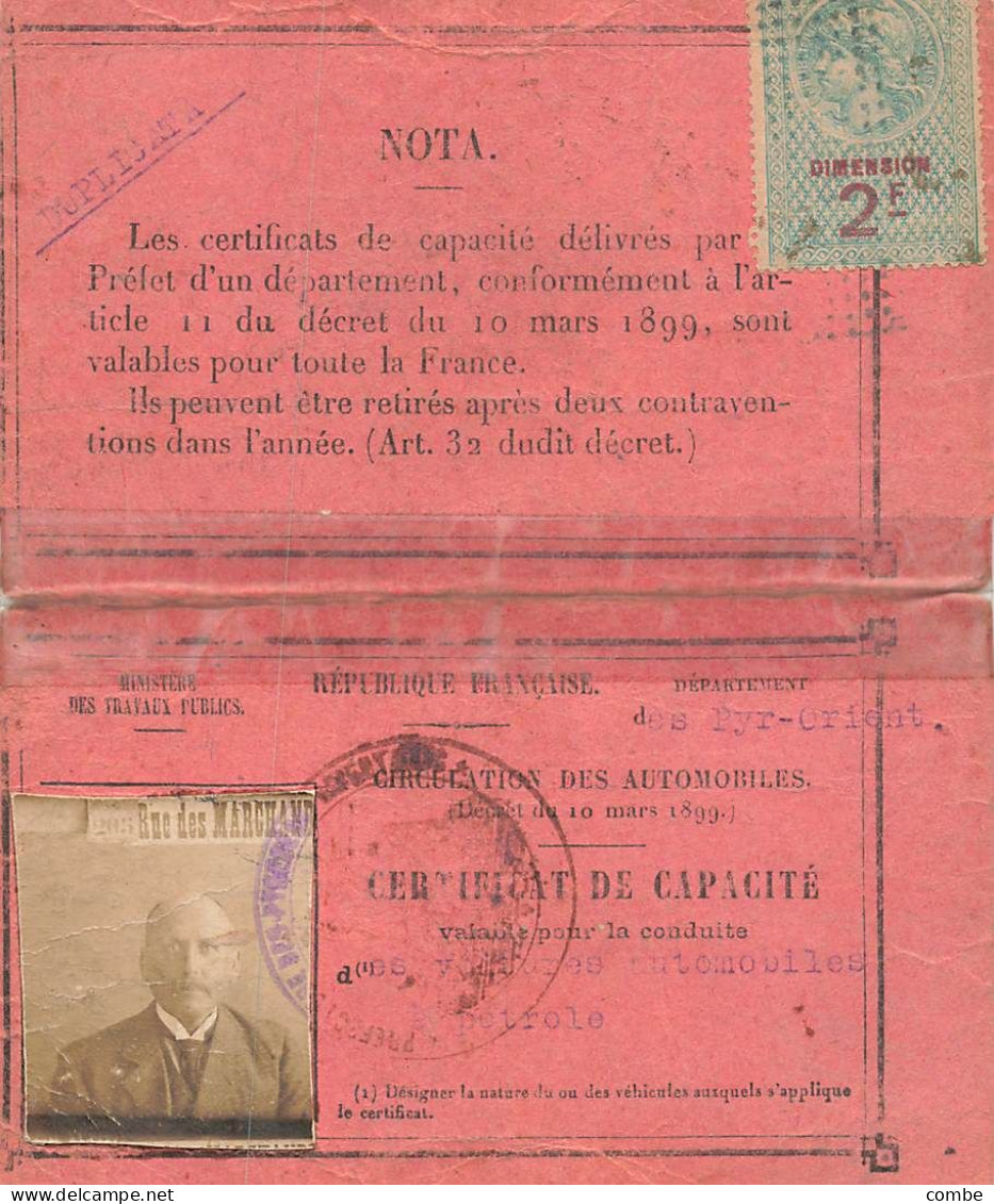 CERTIFICAT DE CAPACITE CIRCULTION DES AUTOMOBILES. PERPIGNAN 1920 - Documentos Históricos