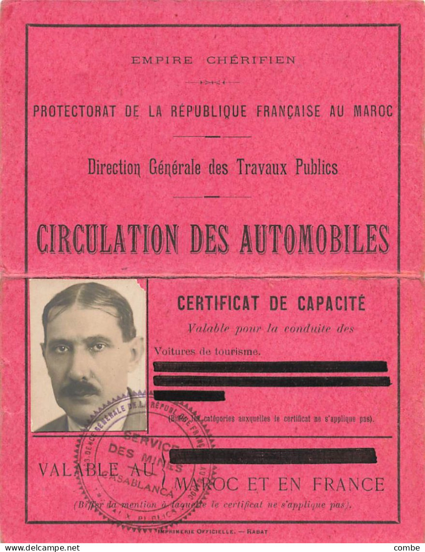 CERTIFICAT DE CAPACITE CIRCULTION DES AUTOMOBILES.  CASABLANCA 1930 - Documents Historiques