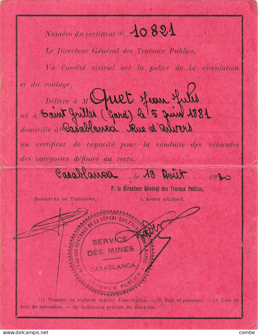 CERTIFICAT DE CAPACITE CIRCULTION DES AUTOMOBILES.  CASABLANCA 1930 - Documents Historiques