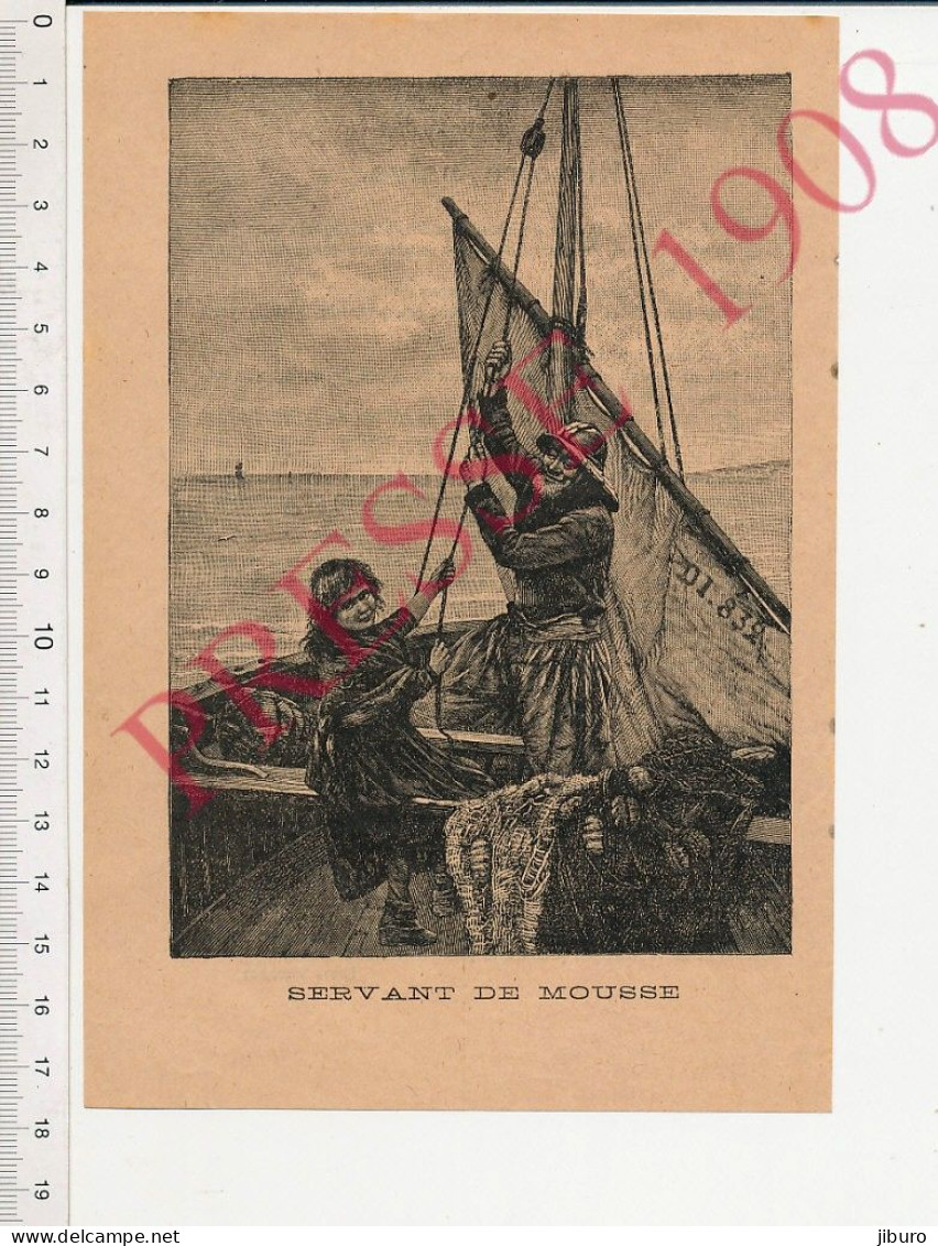 Gravure 1908  Mousse Fille Bateau Pêche Filet Chapeau Marin-pêcheur Voilier DI 816 Sur Voile ( Dieppe ?) - Non Classés