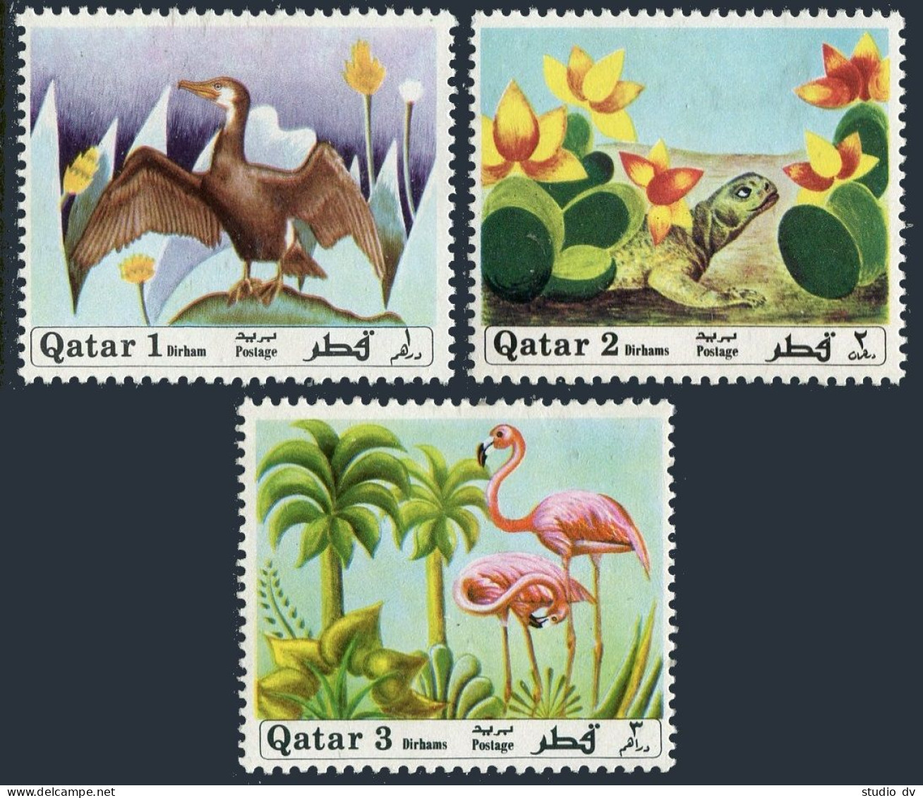 Qatar 228-240,hinged.Mi 445-447. Cormorant, Lizard, Prickly Pear, Flamingos. - Qatar