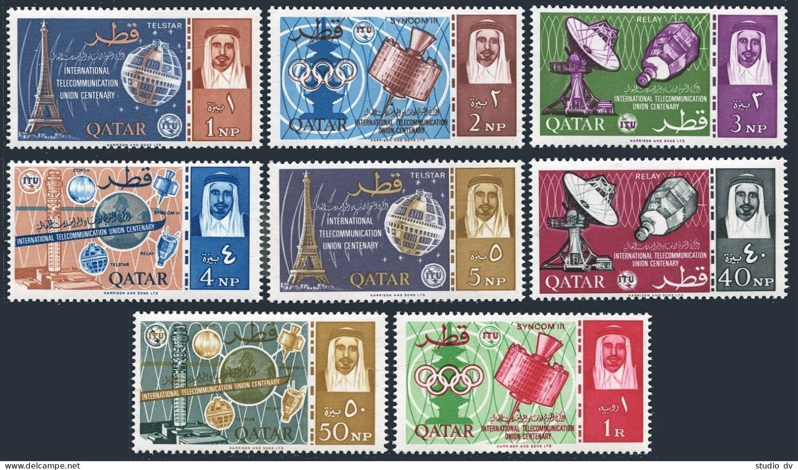 Qatar 61-68, MNH. Mi 61-68, Bl.1A. ITU-100,1965. Tokyo Olympic Games, Satellites - Qatar