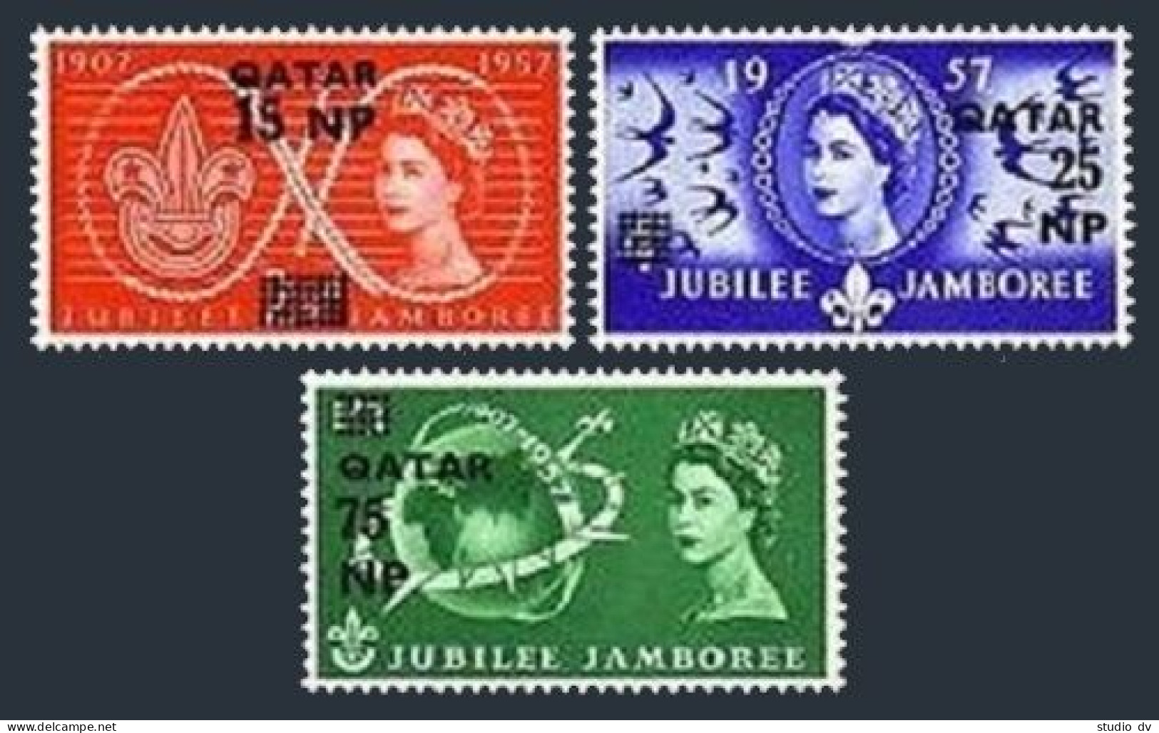 Qatar 16-18, MNH. Michel 16-18. OE II. Jubilee Jamboree, 1957. Birds, Globe. - Qatar