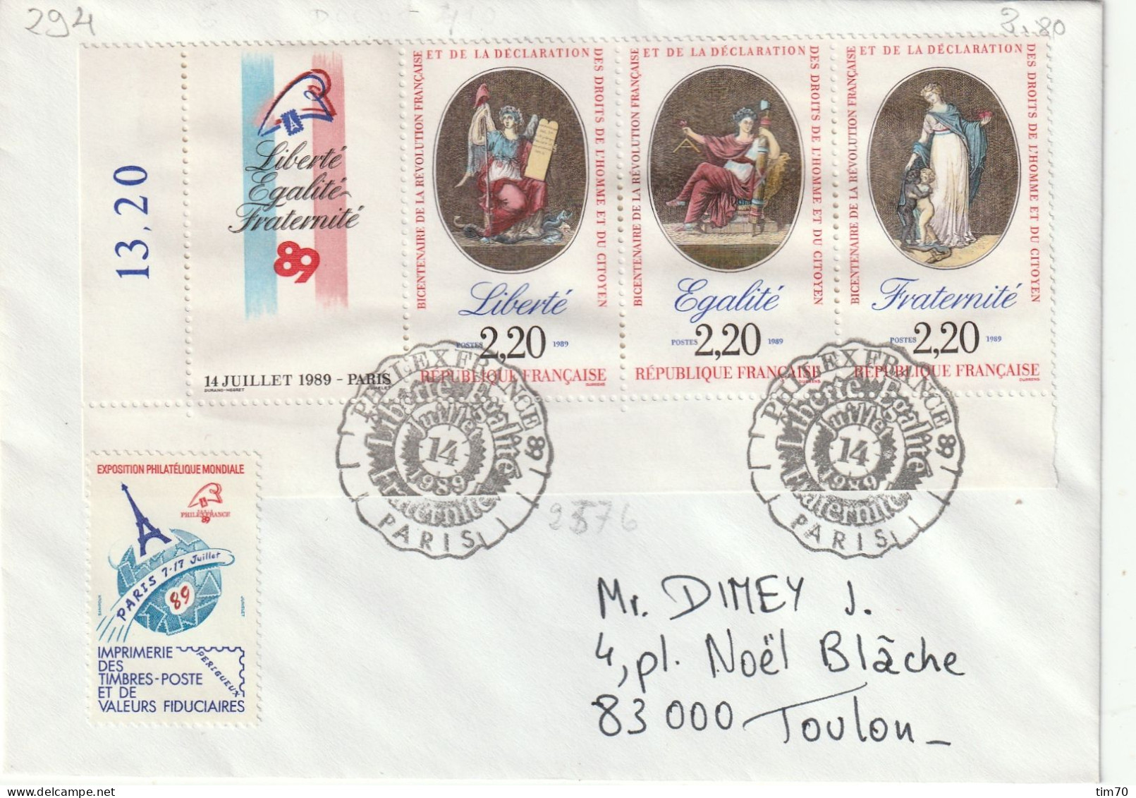 CAD  14  JUILLET  1989    PARIS   TRIPTYQUE  T 2576 - Commemorative Postmarks