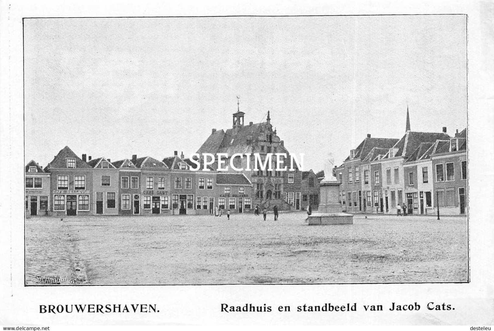 Prent - Raadhuis En Standbeeld Van Jacob Cats - Brouwershaven  - 8.5x12.5 Cm - Other & Unclassified