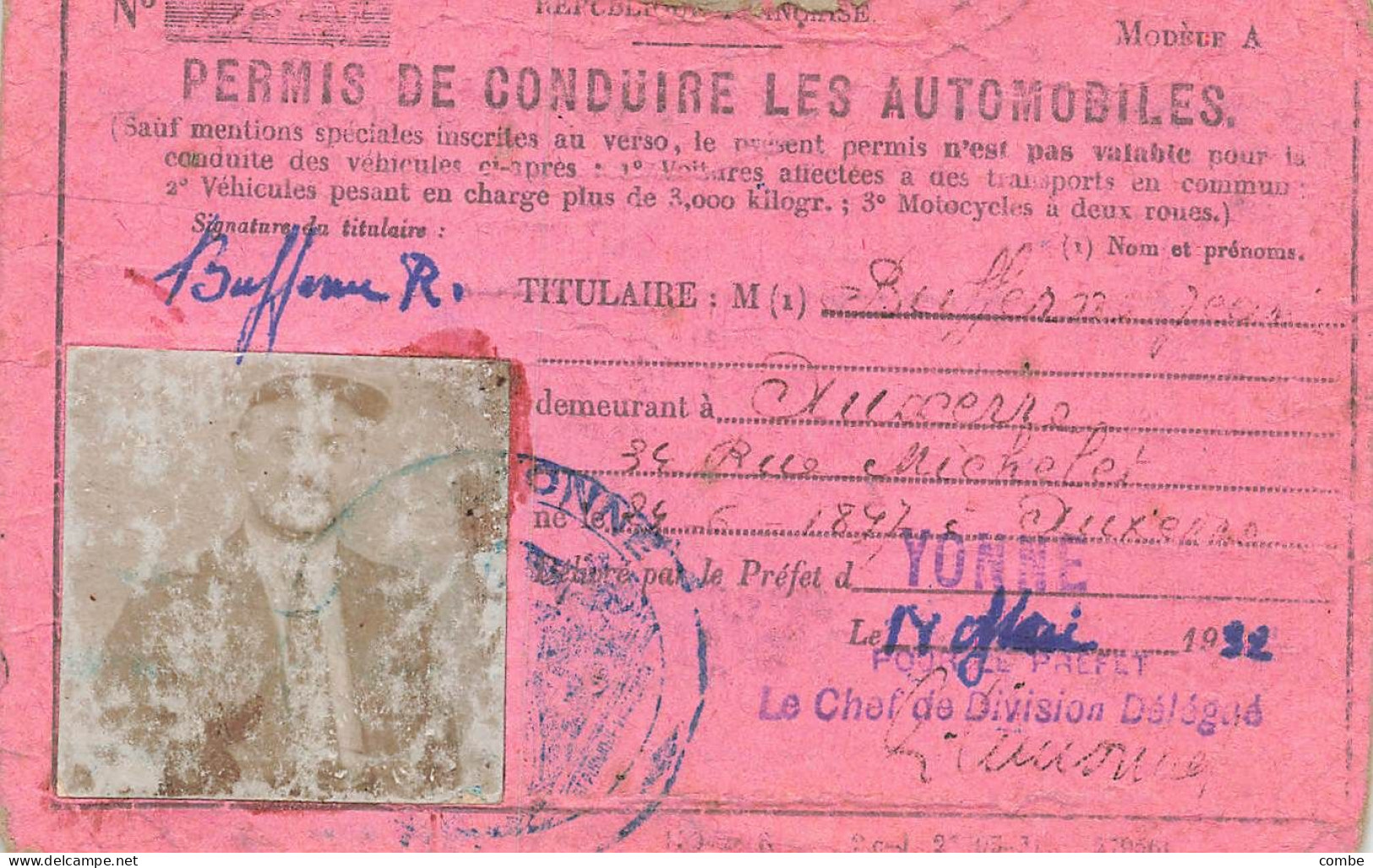 PERMIS DE CONDUIRE LES AUTOMOBILES.  YONNE. 1932 - Documents Historiques