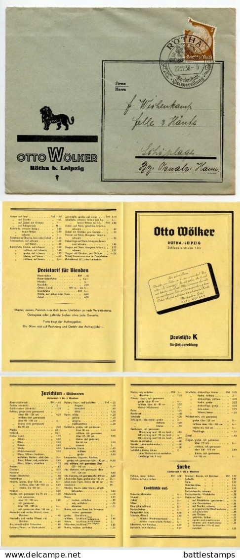 Germany 1938 Cover & Price List; Rötha B. Leipzig - Otto Wölker, Pelzveredlung To Schiplage; 3pf. Hindenburg - Covers & Documents