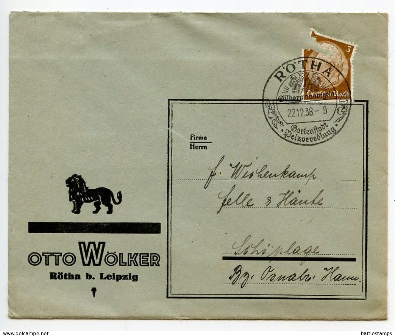 Germany 1938 Cover & Price List; Rötha B. Leipzig - Otto Wölker, Pelzveredlung To Schiplage; 3pf. Hindenburg - Storia Postale