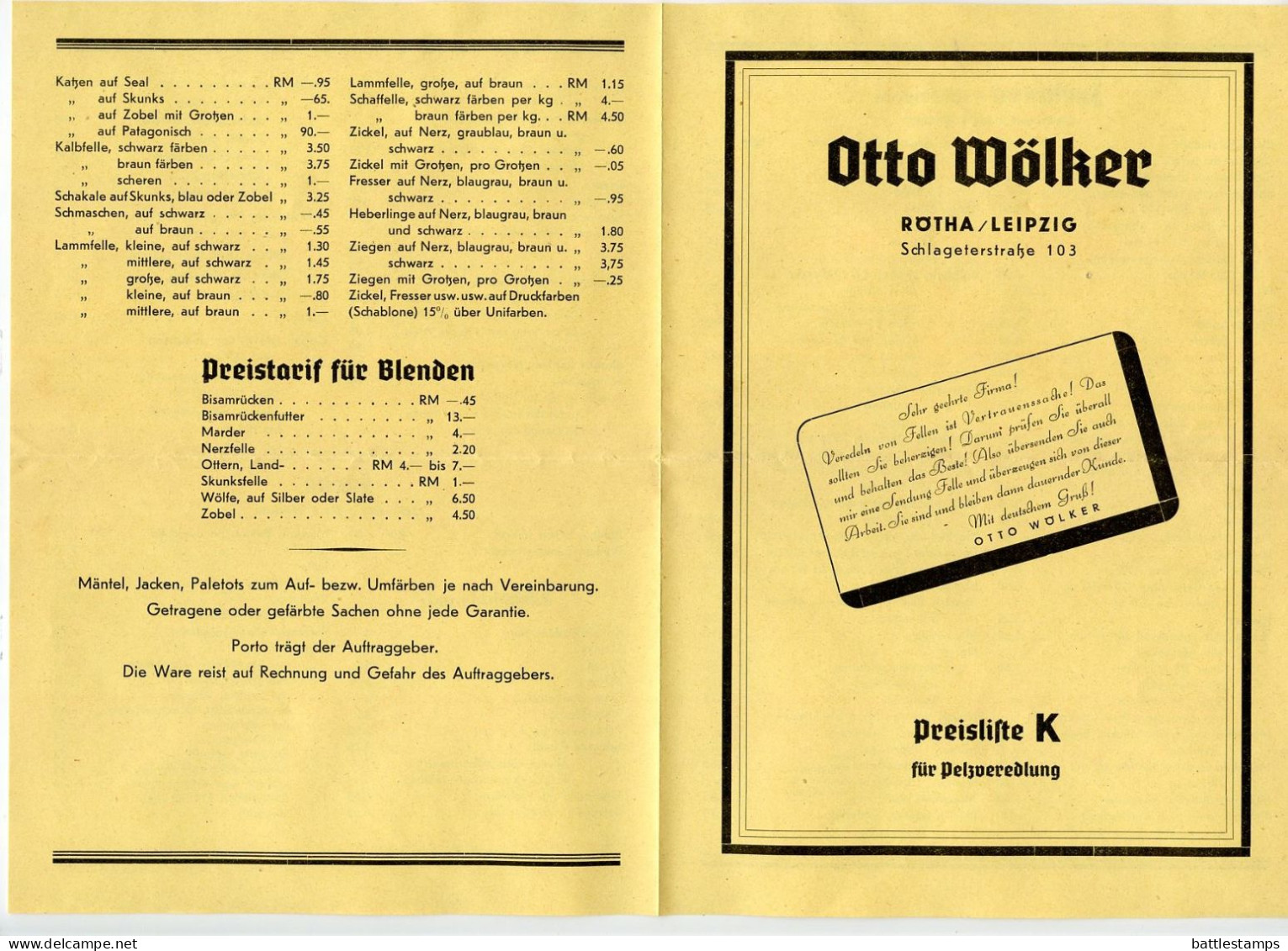 Germany 1938 Cover & Price List; Rötha B. Leipzig - Otto Wölker, Pelzveredlung To Schiplage; 3pf. Hindenburg - Covers & Documents