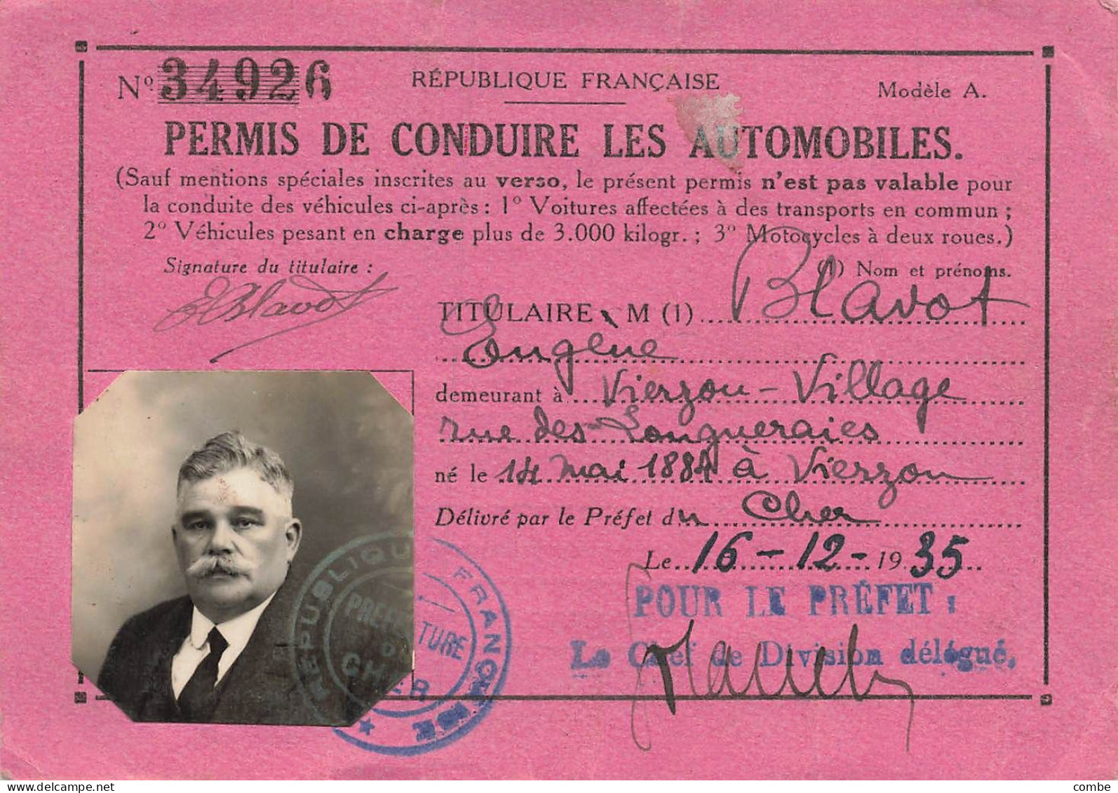 PERMIS DE CONDUIRE LES AUTOMOBILES.  CHER. 1935 - Documentos Históricos
