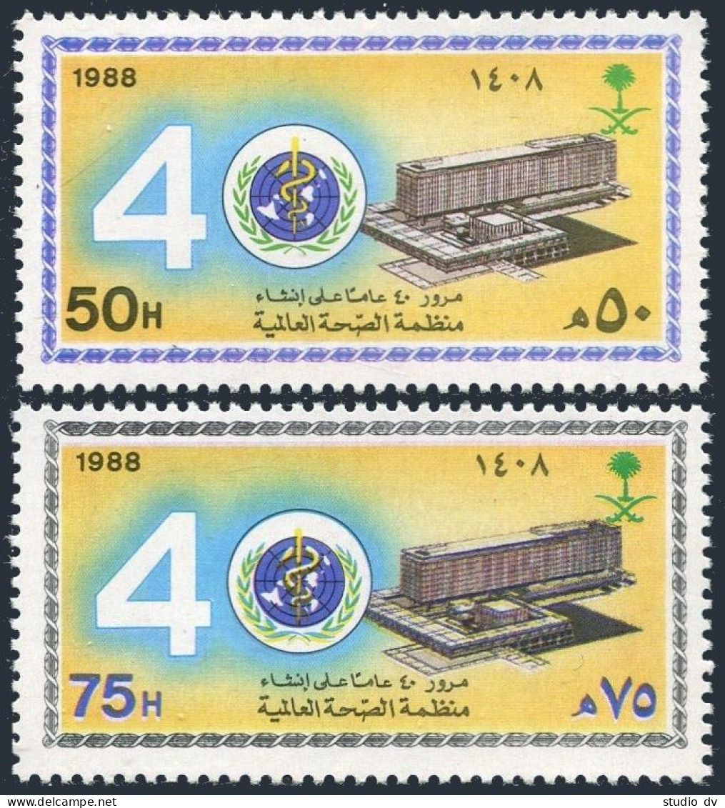 Saudi Arabia 1079-1080, MNH. Mi 910-911. WHO, 40th Ann. 1988. WHO Headquarters. - Arabie Saoudite
