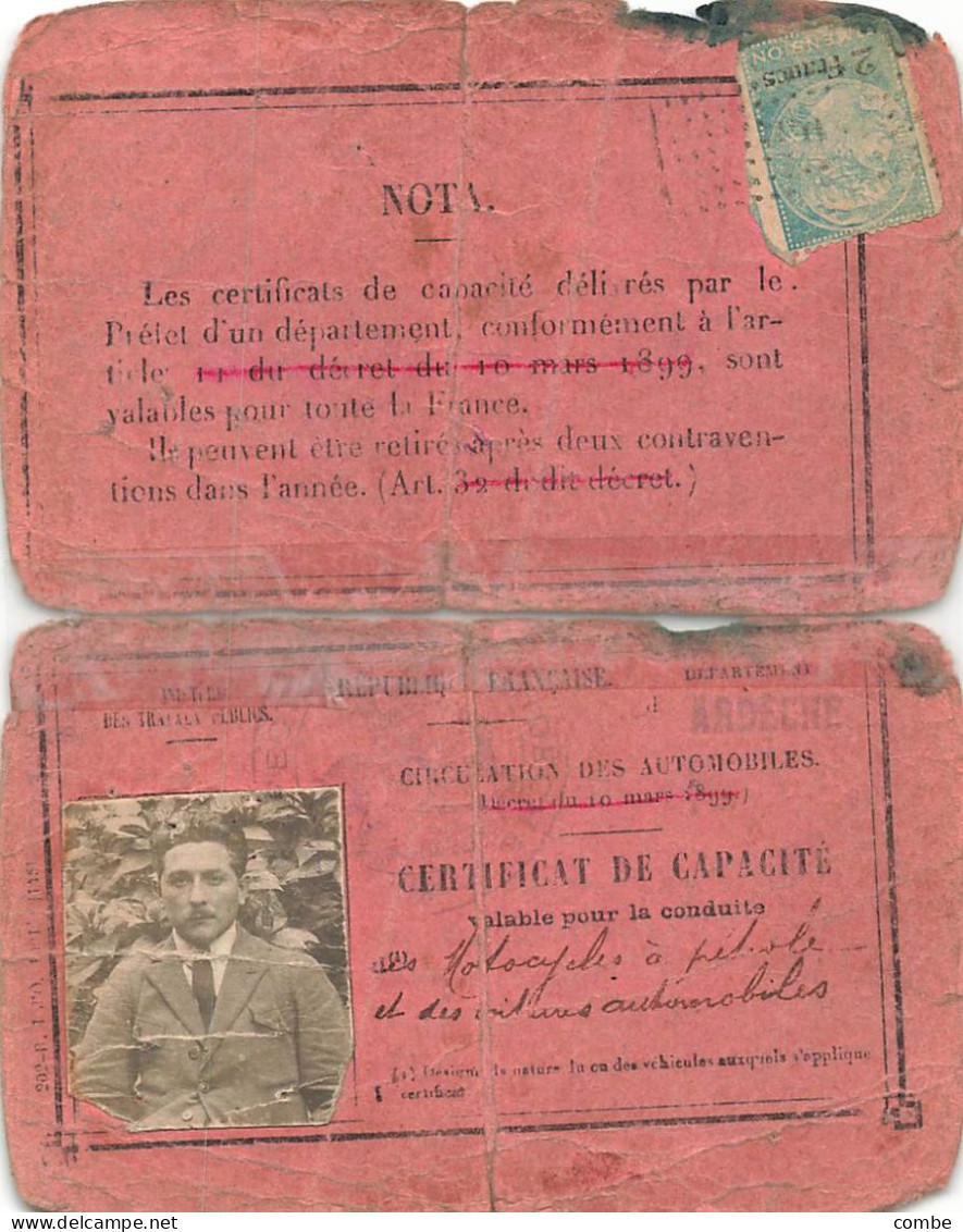 CERTIFICAT DE CAPACITE CIRCULATION DES AUTOMOBILES.  ARDECHE 1922 - Historical Documents
