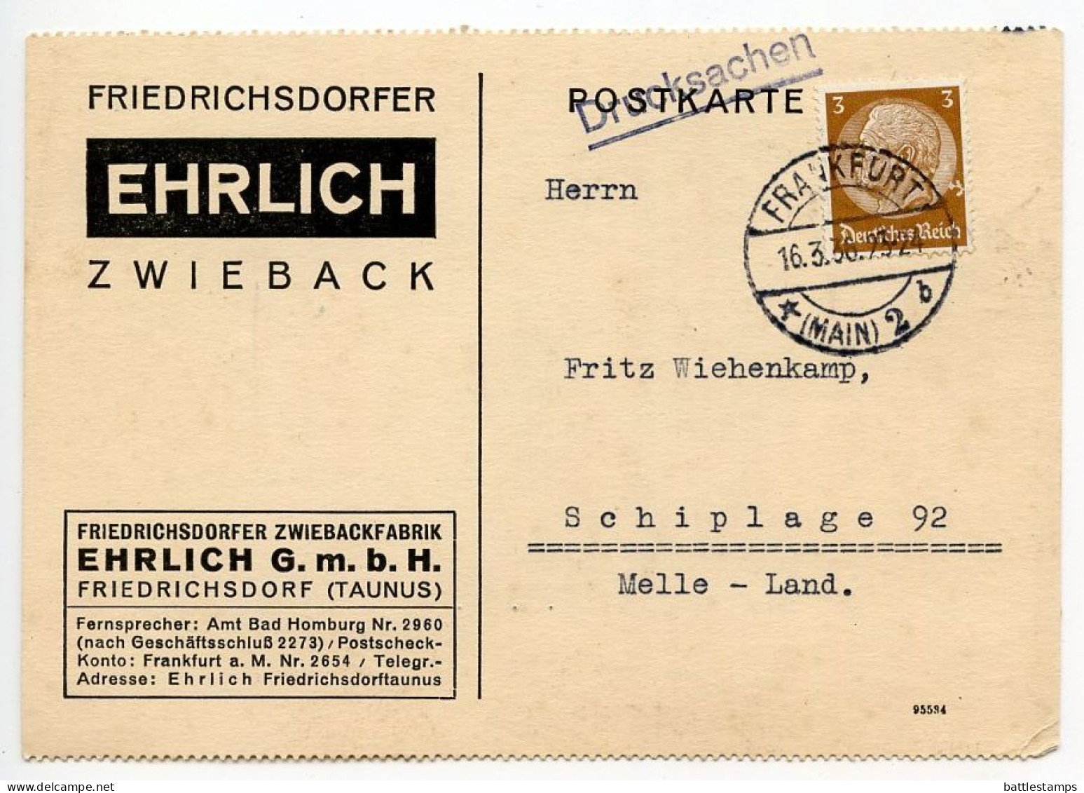 Germany 1936 Postcard; Frankfurt (Main) - Ehrlich, Friedrichsdorfer Zwiebackfabrik To Schiplage; 3pf. Hindenburg - Briefe U. Dokumente