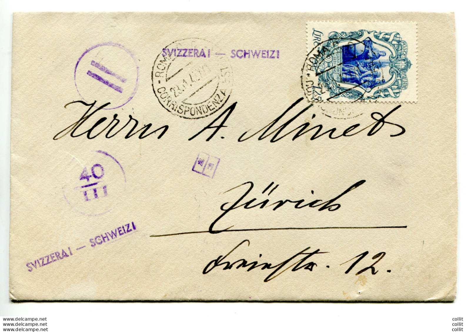 Galileo Galilei Lire 1,25 Isolato Su Busta Da Roma A Zurigo - Storia Postale