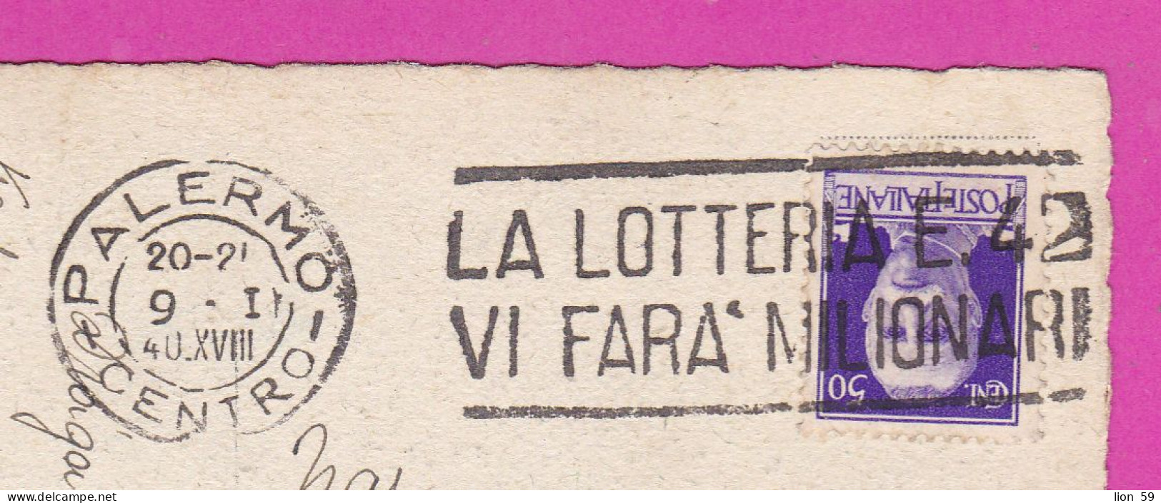 294095 / Italy - PALERMO Piazza Castelnuovo PC 1940 USED 50 Cent. Victor Emmanuel III Flamme LA LOTTERIA E 42 VI FARA' M - Marcophilia