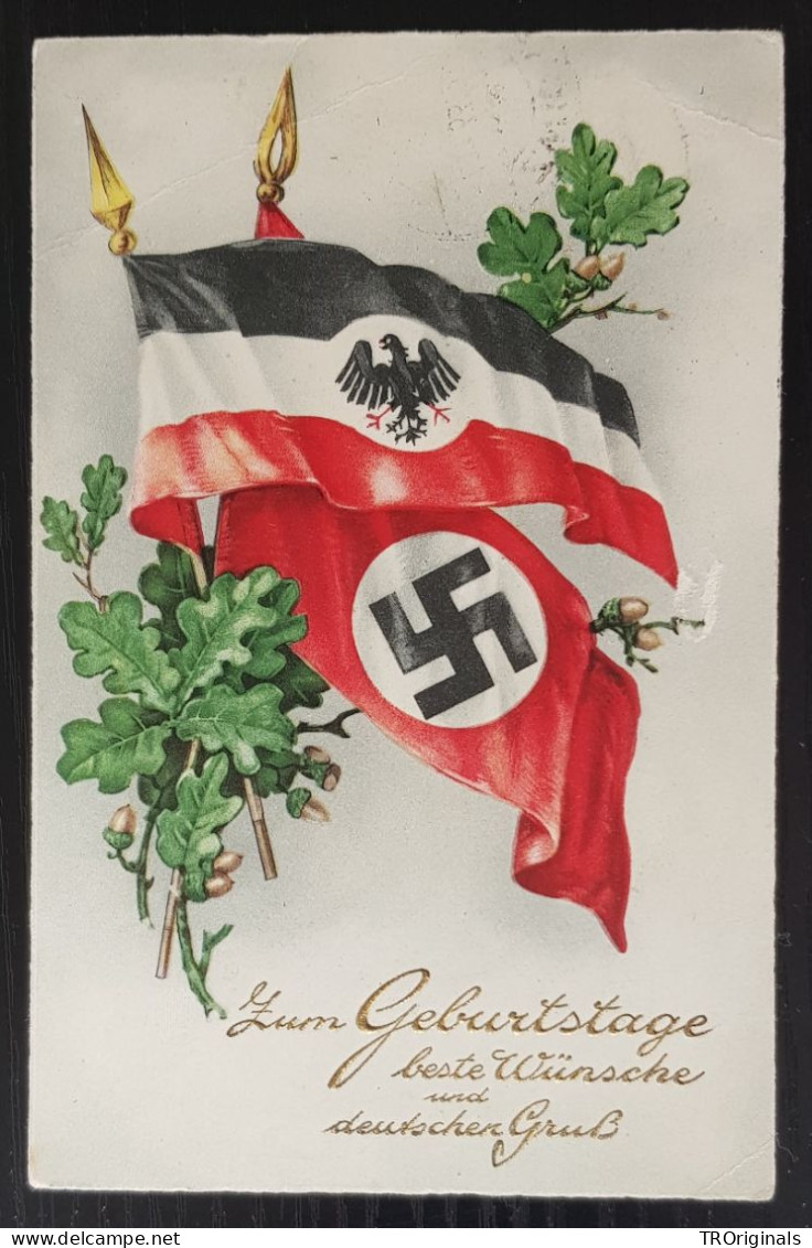 GERMANY THIRD 3rd REICH ORIGINAL COLOUR PROPAGANDA CARD BIRTHDAY GREETINGS FLAGS - War 1939-45