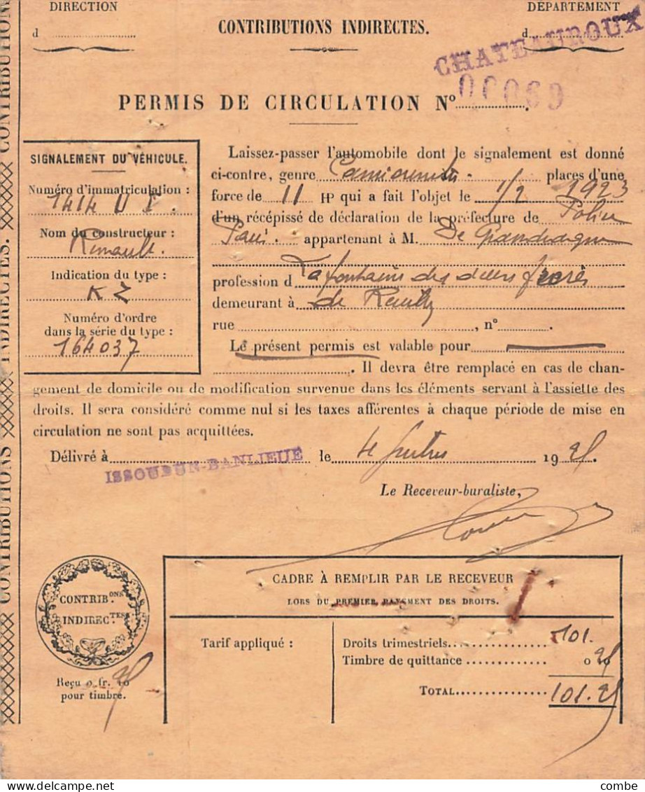 PERMIS DE CIRCULATION DES AUTOMOBILES.  ISSOUDUN 1925 - Documents Historiques