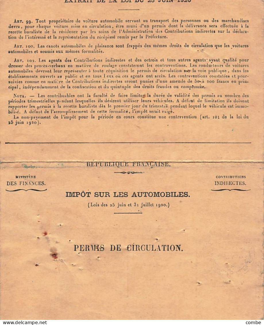 PERMIS DE CIRCULATION DES AUTOMOBILES.  ISSOUDUN 1925 - Documents Historiques