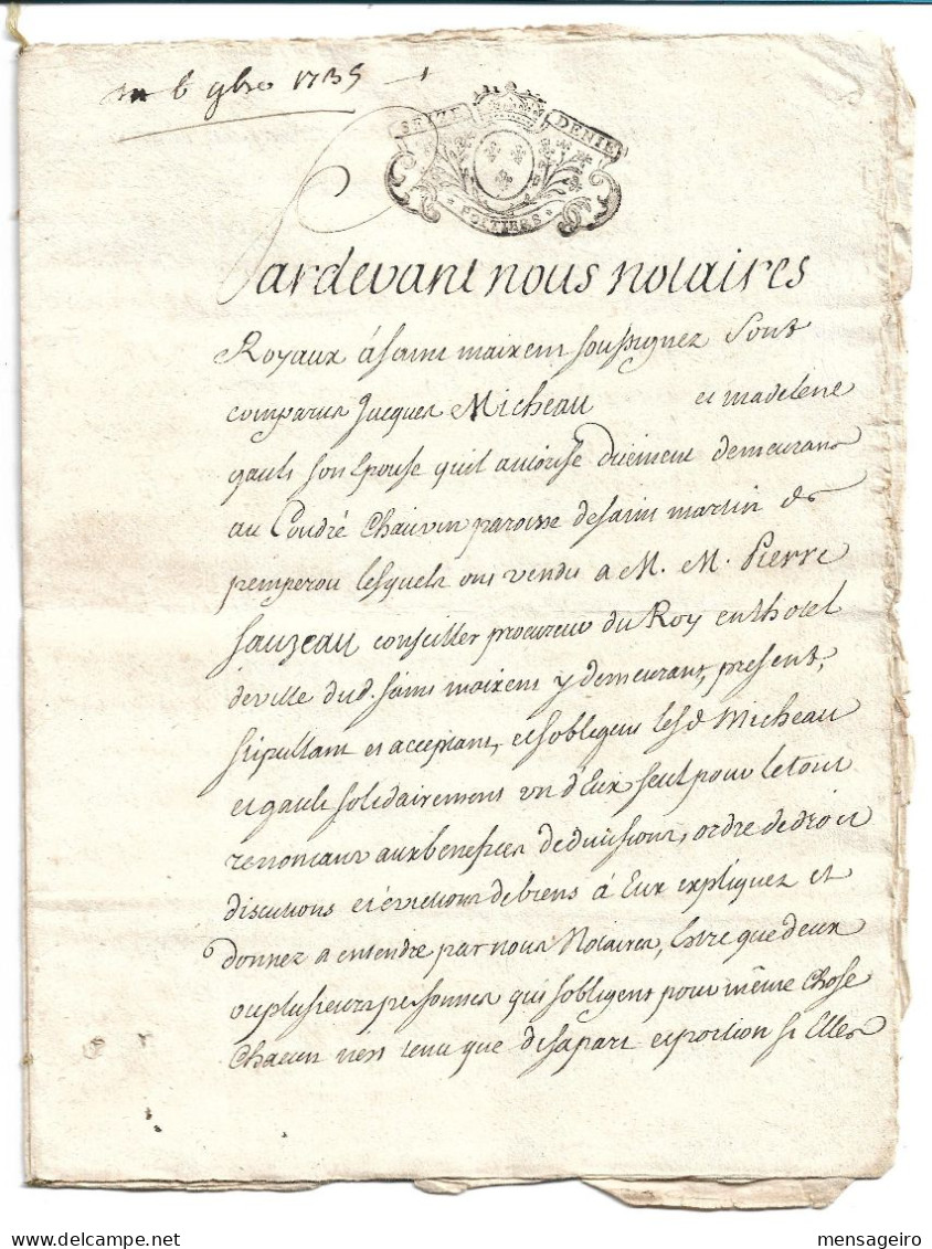 (C11) - CACHET GENERALITE POITIERS SUR DOCUMENT SAINT MAIXENT 1735 - Storia Postale
